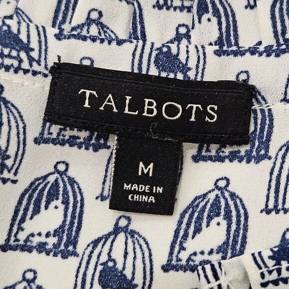 Talbots Grosgrain Trim Crinkle Blouse Medium Birdcage Print Blue - Picture 7 of 10